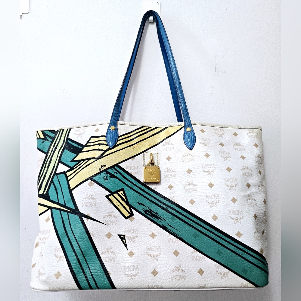 MCM limited Edition Richard Woods White and Teal Graphic Tote